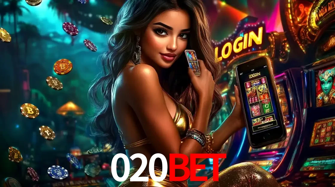 Mulher em um cenário de cassino temático de aventura, mostrando o app de caça-níqueis da 020bet no celular. Fichas de apostas flutuam ao redor.